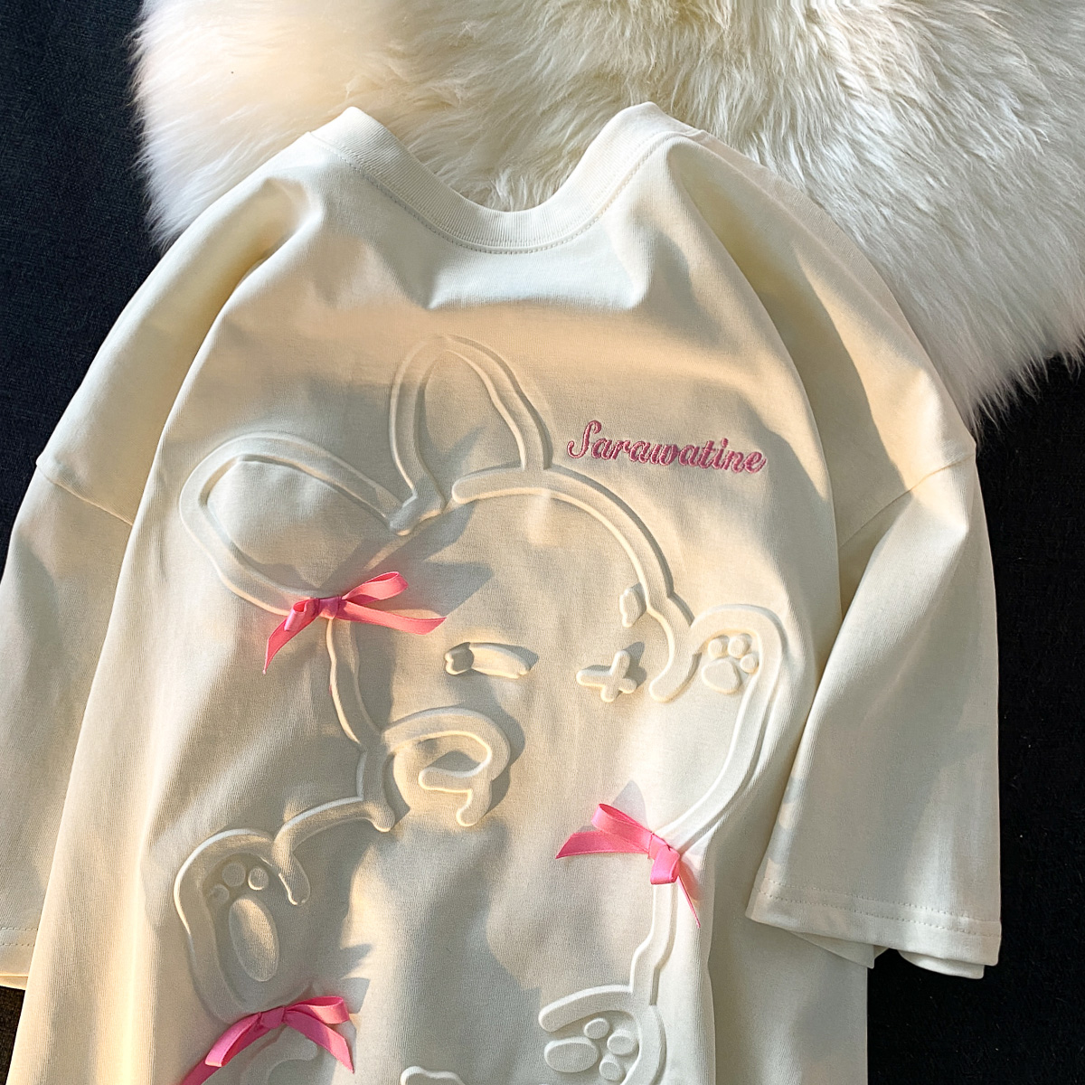 6535 cotton summer loose round neck top new short-sleeved t-shirt female embroidery + bump printing back bag