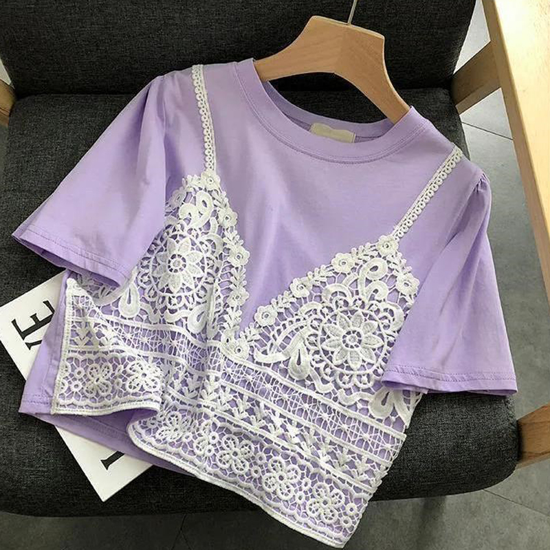 6535 cotton summer loose round neck top new short-sleeved t-shirt female short fake two pieces