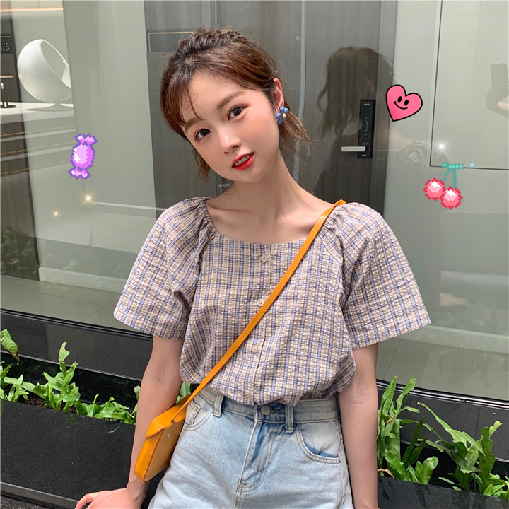 100% Polyester Summer New French Square Neck Caution Machine Chiffon Shirt Top Blouse