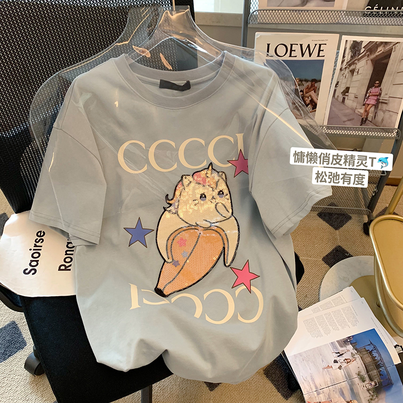 6535 cotton back wrap summer round neck top new short-sleeved t-shirt female print + sequins original method