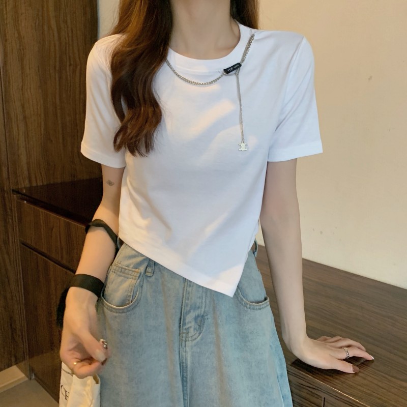 6535 cotton summer loose round neck top new short-sleeved t-shirt female short irregular