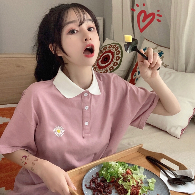 6535 cotton summer loose top new short-sleeved t-shirt female embroidery POLO collar