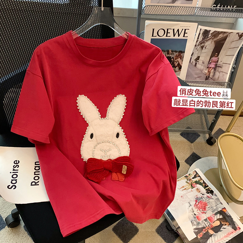 6535 cotton back wrap summer round neck top new short-sleeved t-shirt female bow + beading original method