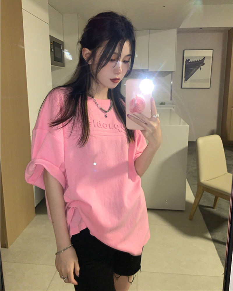 6535 cotton summer loose round neck top new short-sleeved t-shirt female bump printing