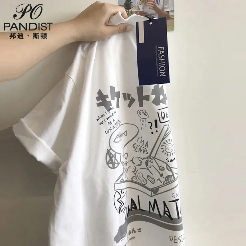 Japanese cartoon printed short-sleeved T-shirt for men and women with the same style American retro loose half-sleeve trendy brand t-shirt
