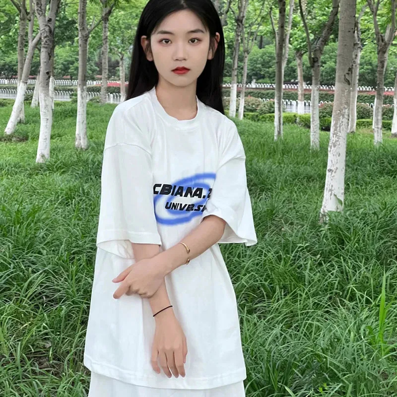 Guochao brand letter printing short-sleeved t-shirt female students loose style summer new design half-sleeved