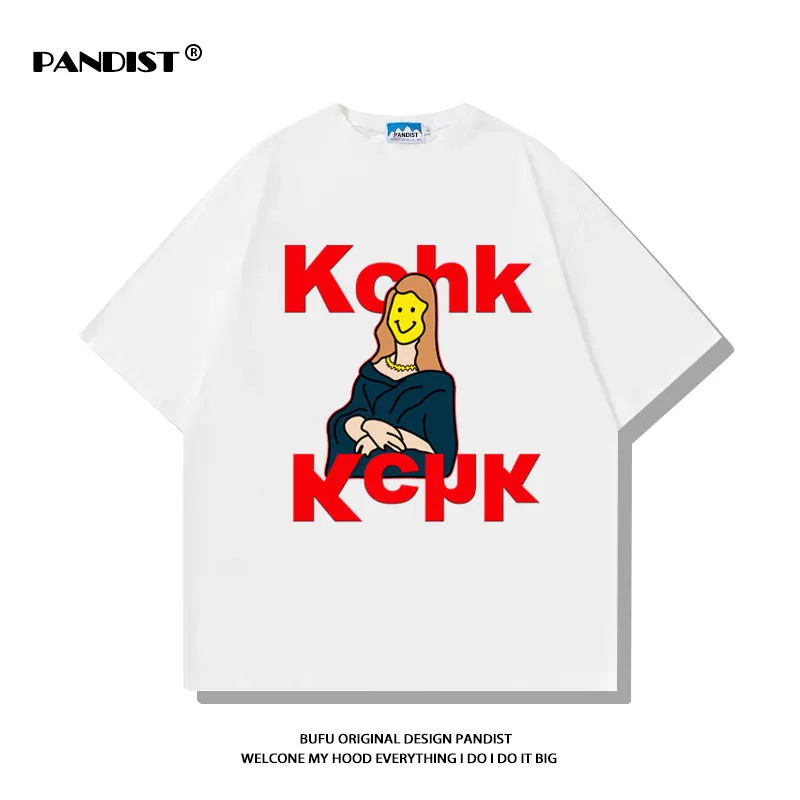 Cartoon Mona Lisa printed letters short-sleeved top female Korean version loose summer T-shirt trendy all-match