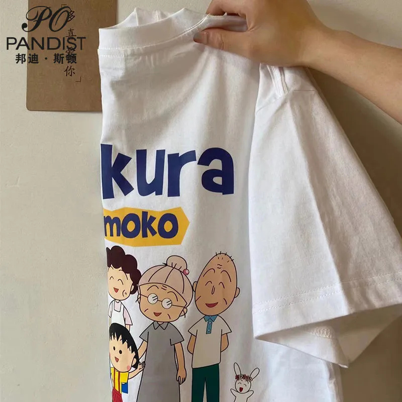 Japanese vintage Chibi Maruko cherry print short-sleeved T-shirt men and women summer trend loose upper clothes