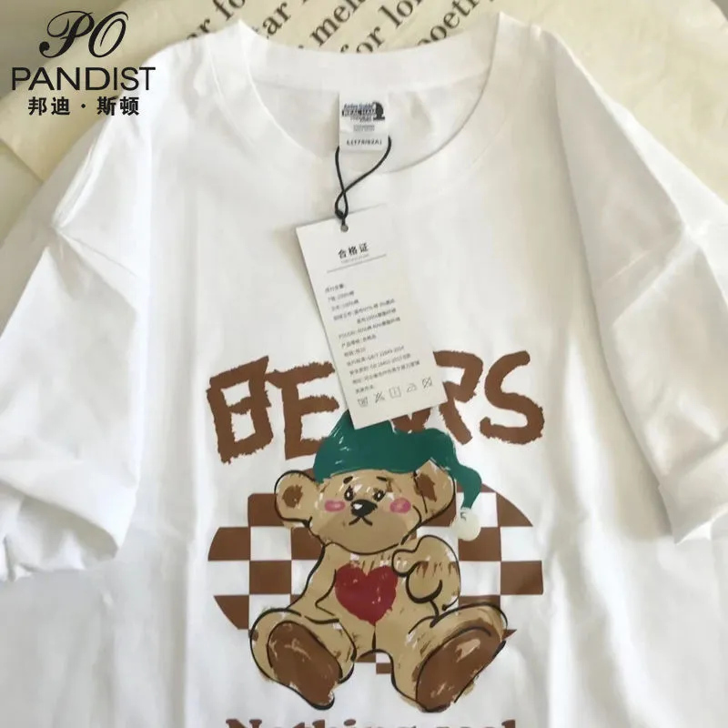 Japanese retro bear short-sleeved t-shirt men and women summer loose trend oversize half-sleeved top