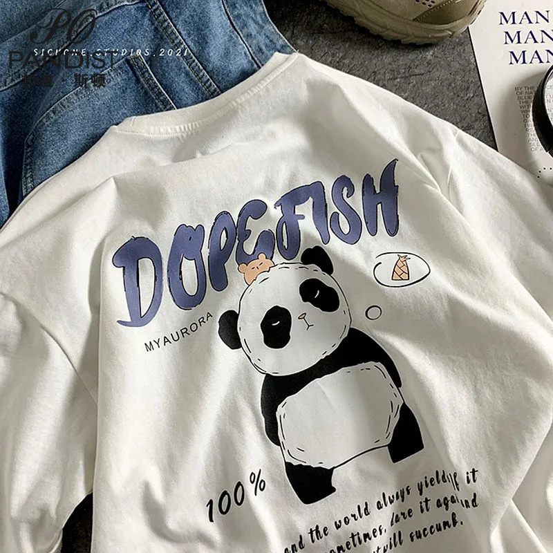 Japanese vintage American cartoon bear short-sleeved T-shirt men and women loose all-match tops ins tide
