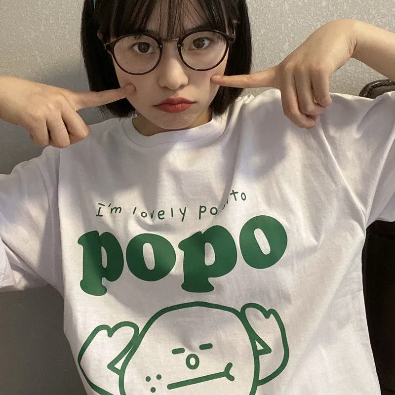 Summer new Japanese ins cute Harajuku wind top Korean version loose cartoon short-sleeved t-shirt female
