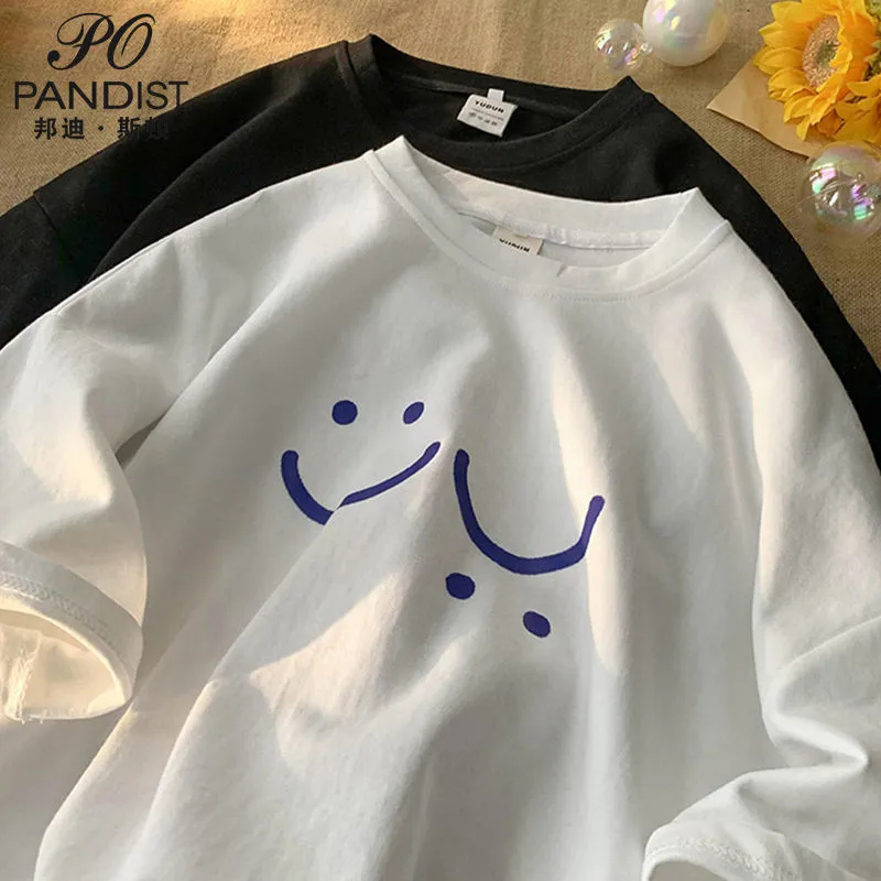Japanese short-sleeved t-shirt men and women summer loose ins trend oversize five-quarter sleeve top clothes