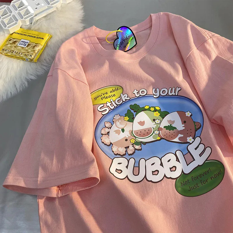 New all-match casual retro Hong Kong style summer loose cartoon male and female students short-sleeved niche T-shirt tide