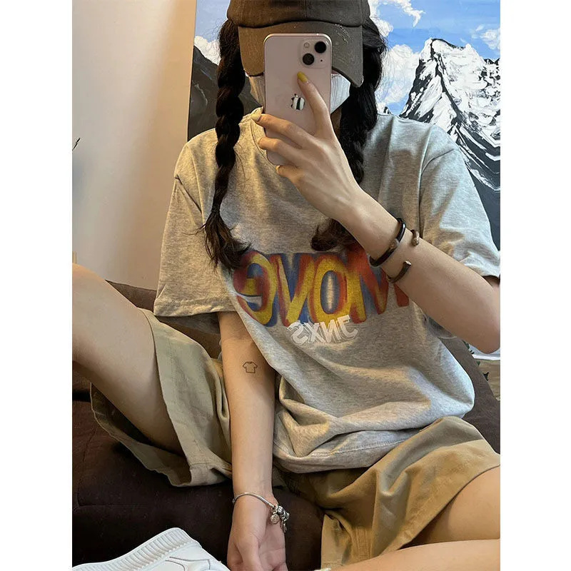 2023寬鬆短袖T恤女夏新款ins潮美式復古字母印花百搭上衣