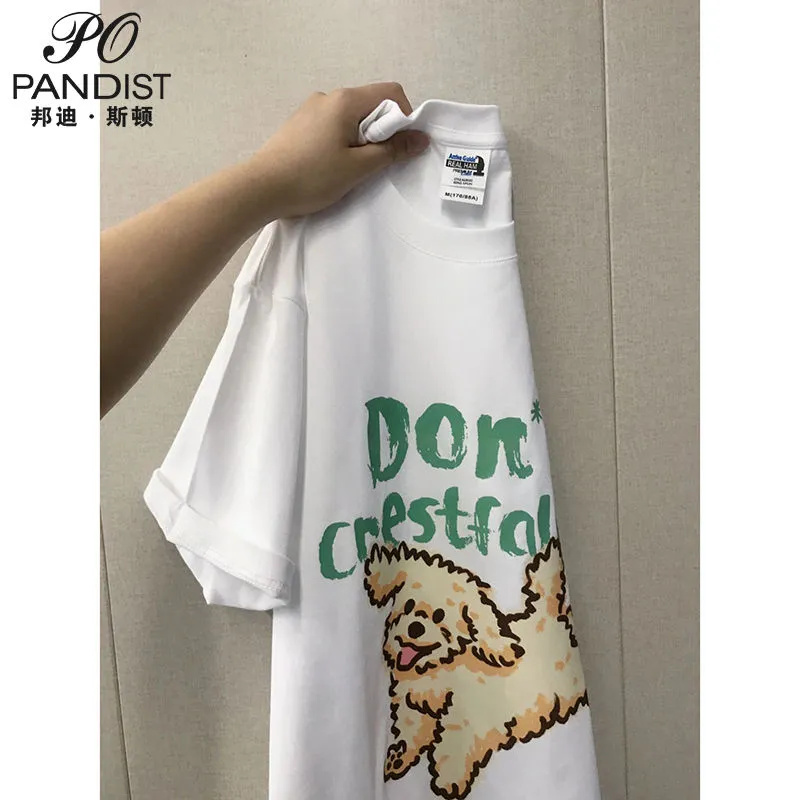 Japanese retro puppy print short-sleeved T-shirt men and women summer t-shirt loose chic Hong Kong style top