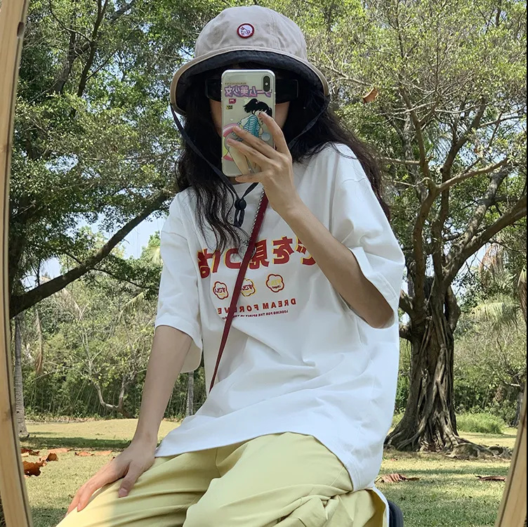 College style white short-sleeved t-shirt female students Japanese print loose all-match thin round neck top