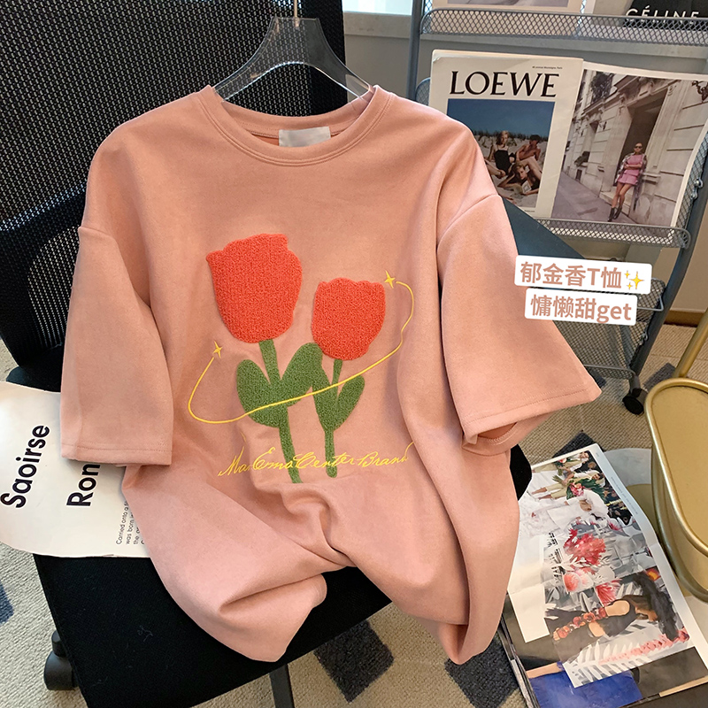 6535 cotton back bag summer loose round neck top new short-sleeved t-shirt female towel embroidery