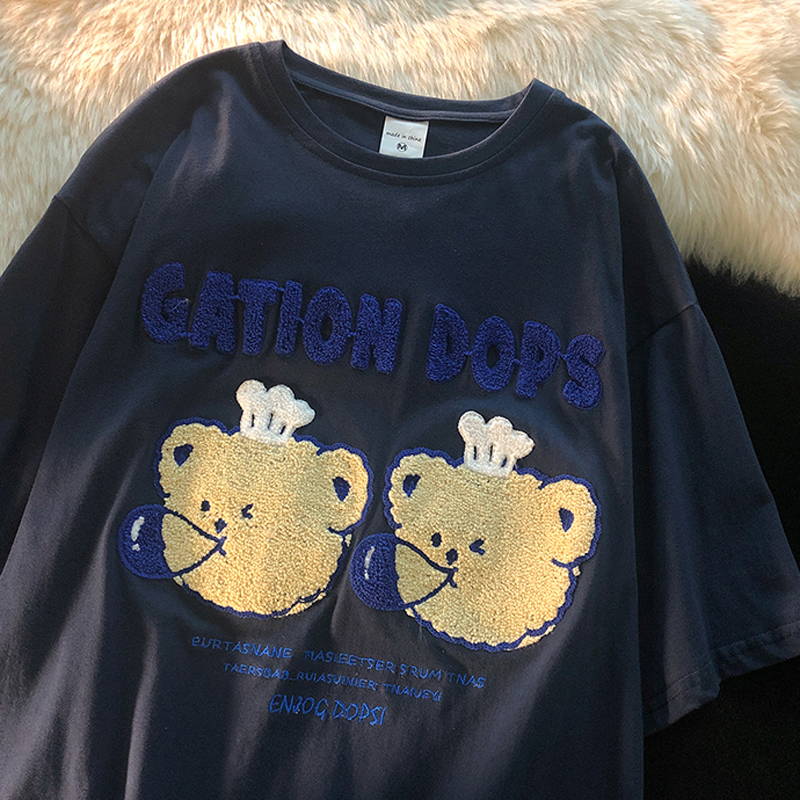 6535 cotton summer loose round neck top new short-sleeved t-shirt female towel embroidery