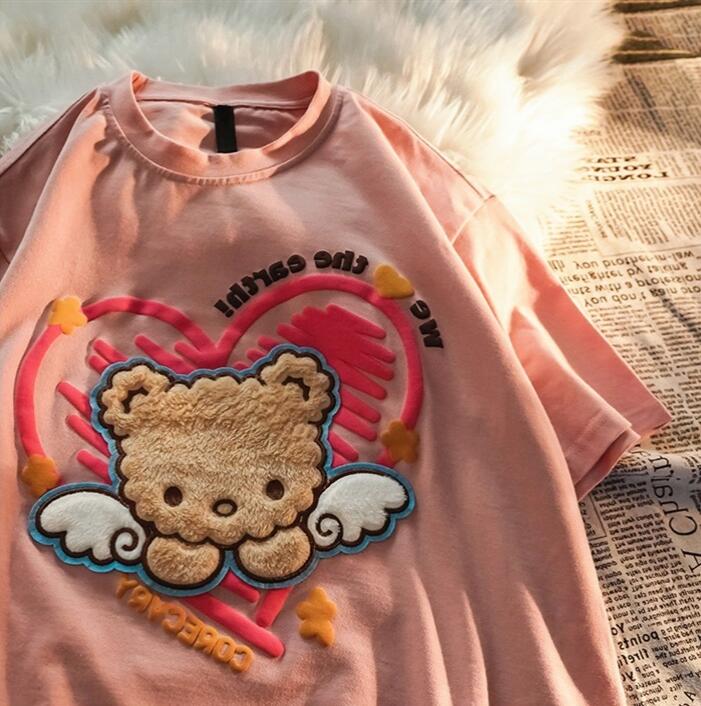 6535 cotton summer loose round neck top new short-sleeved t-shirt female foam printing + towel embroidery