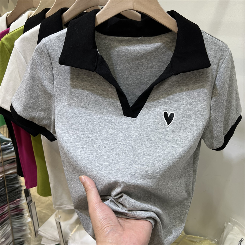 6535棉 夏季寬鬆上衣新款短袖t恤女刺繡POLO領