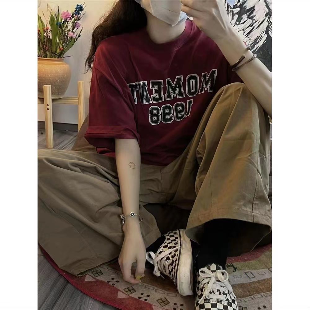 美式國潮字母短袖女酒紅色寬鬆T恤夏季小眾學生上衣服ins