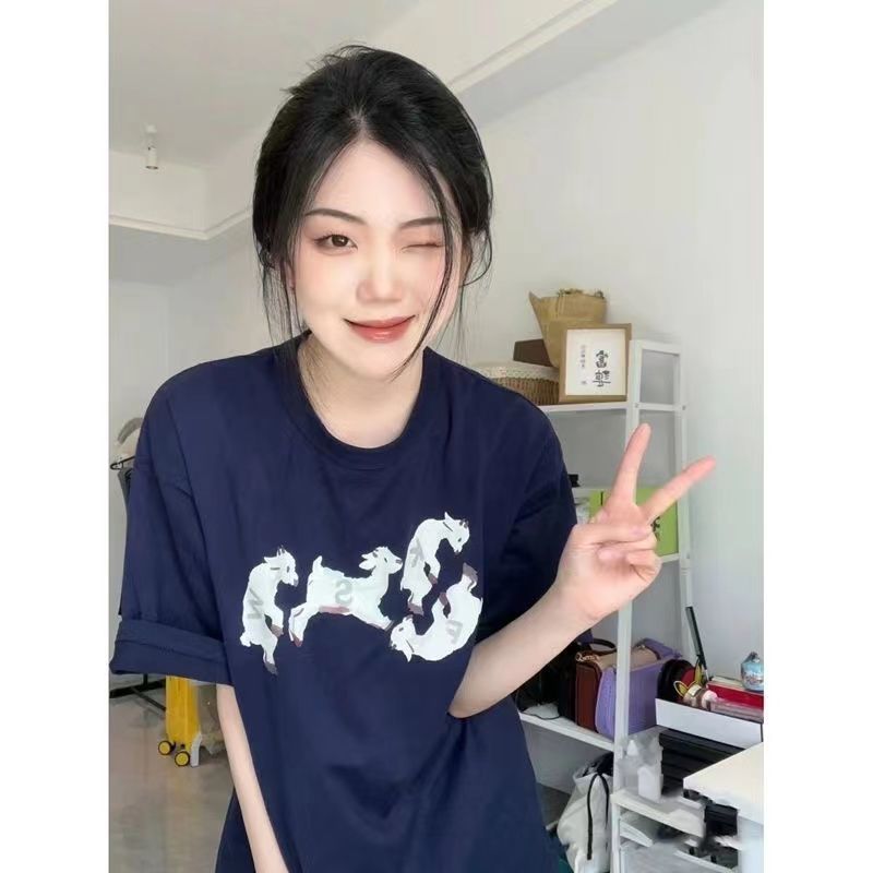美式復古小羊印花短袖t恤女夏季ins潮牌寬鬆百搭別致上衣