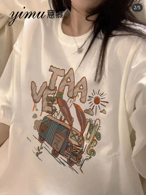 夏季新款寬鬆大碼卡通印花短袖T恤女小眾設計感百搭上衣