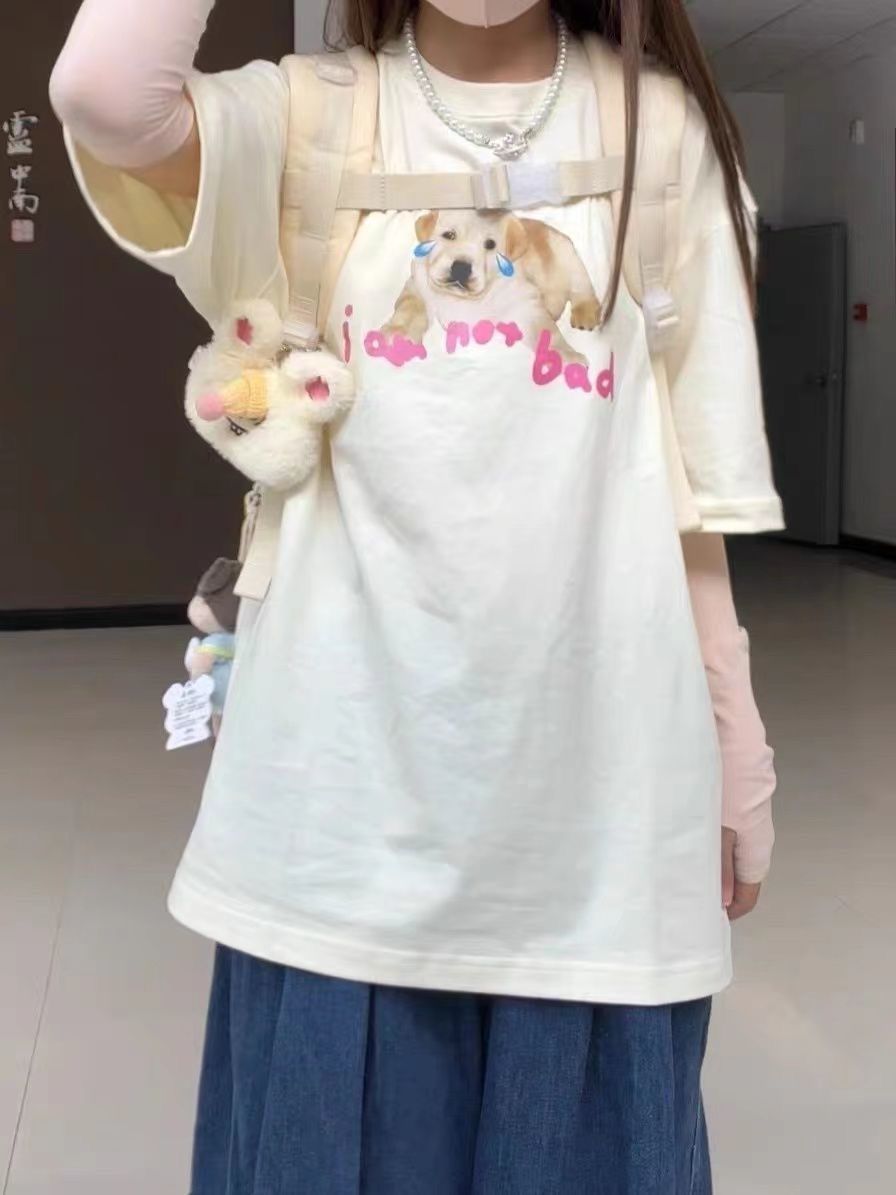 個性小狗印花韓版短袖T恤女大碼寬鬆鹽系上衣女學生百搭