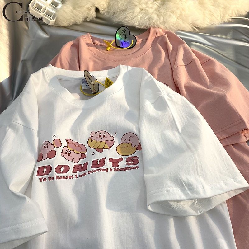 夏季寬鬆韓版卡通印花慵懶風短袖t恤女休閒情侶上衣