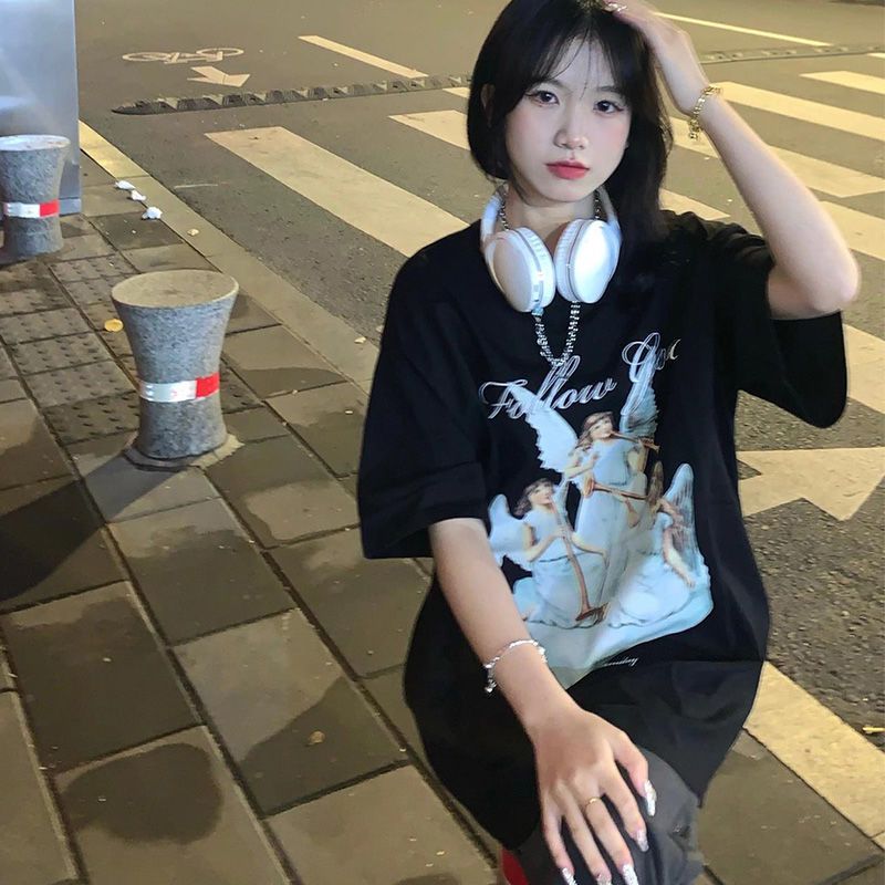 夏季新款ins潮短袖t恤女寬鬆個性街頭百搭黑色半袖休閒服