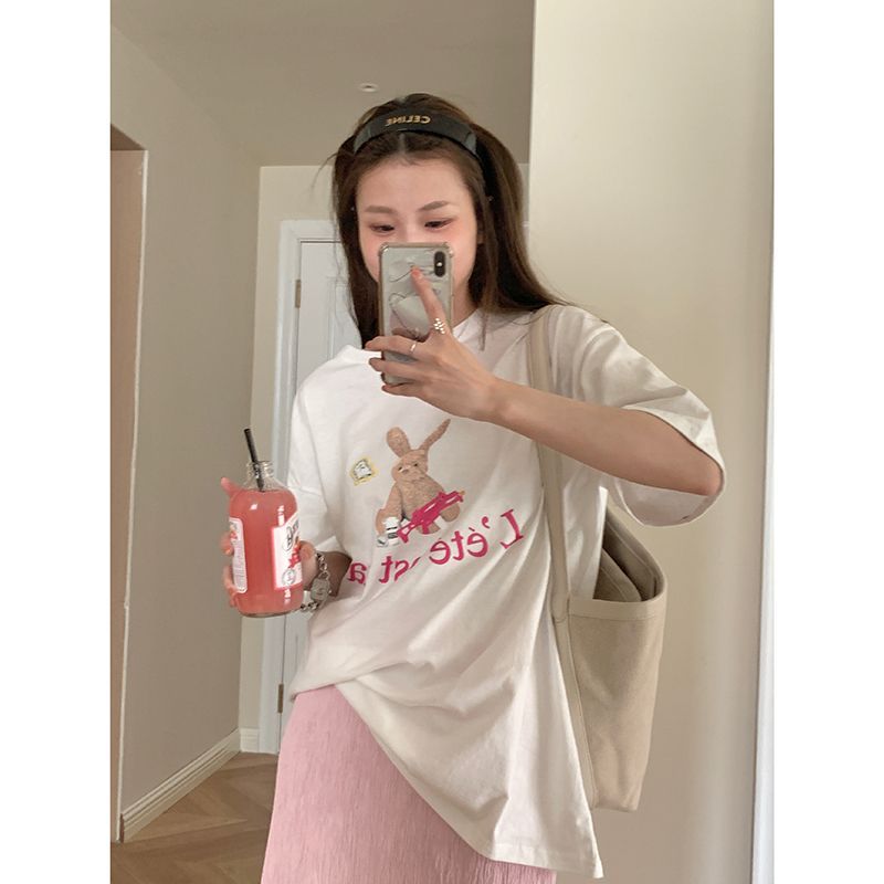 Age-reducing rabbit print short-sleeved T-shirt women's loose foundation with round neck Korean style foreign style top summer
