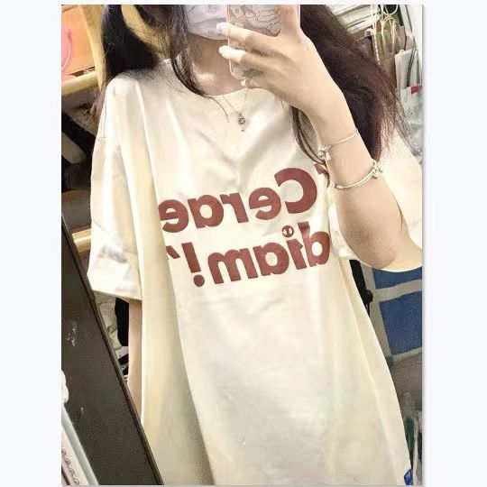 Cream color Korean gentle loose short-sleeved t-shirt female students summer all-match mid-length top ins