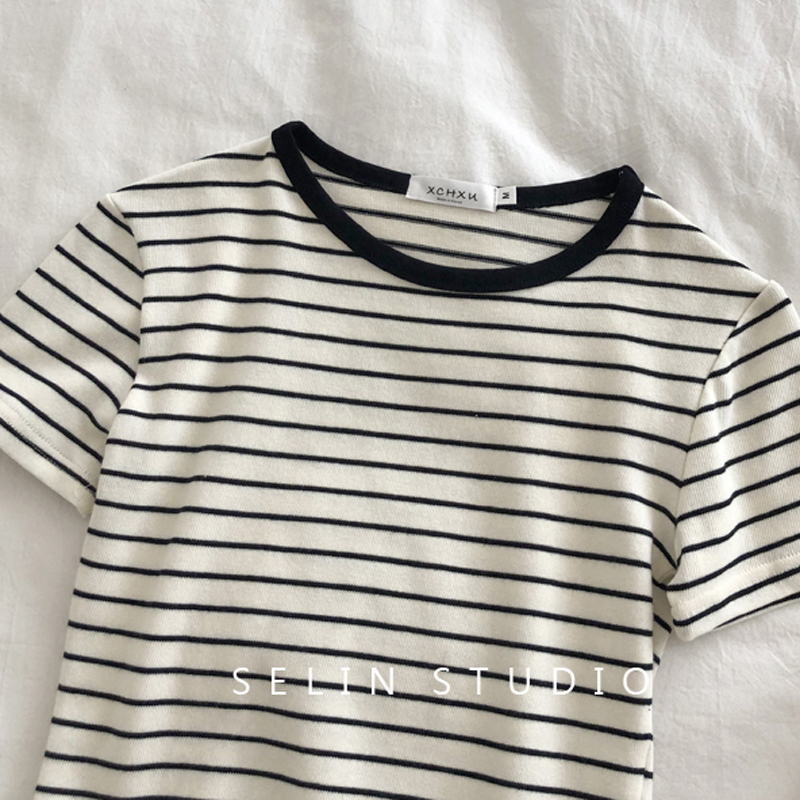 6535 cotton summer loose round neck top new short-sleeved t-shirt women's striped short section