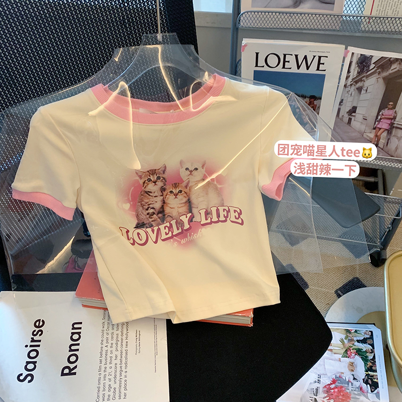 6535 cotton summer loose round neck top new short-sleeved t-shirt female short print