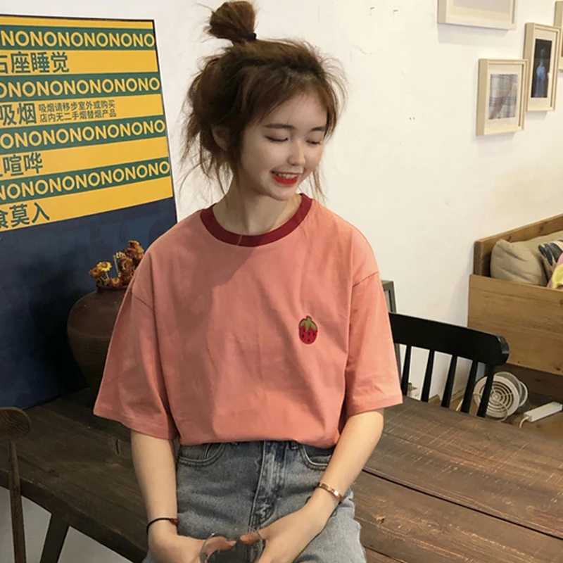 6535棉 夏季寬鬆圓領上衣新款短袖t恤女刺繡