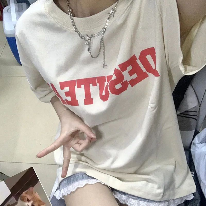 2023 summer American letter short-sleeved T-shirt female student loose heavy shoulder top ins national trend