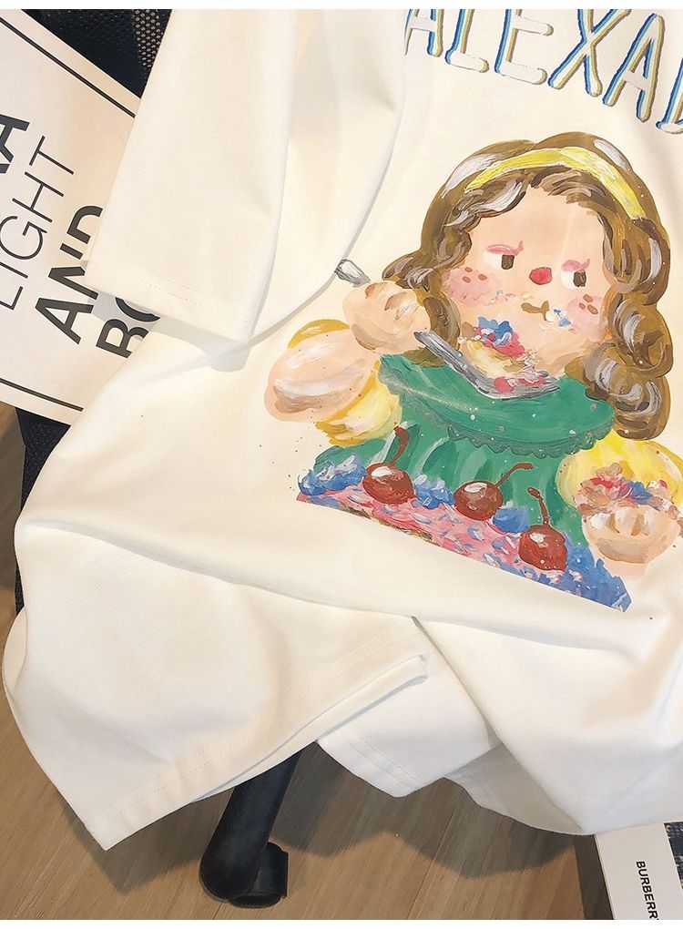 白色趣味油畫短袖T恤女2023新款寬鬆印花卡通美式上衣潮
