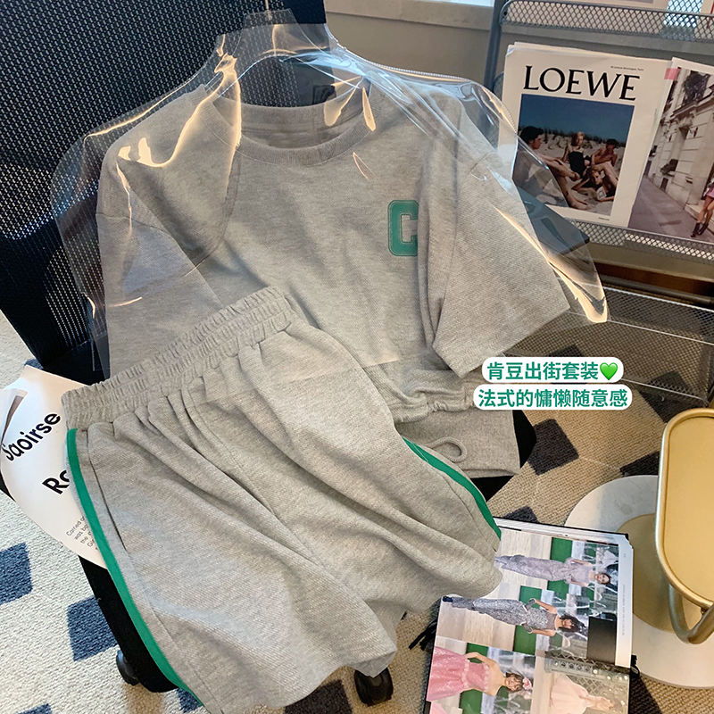 6535棉魚鱗布 新款休閒運動套裝女短袖兩件套印花