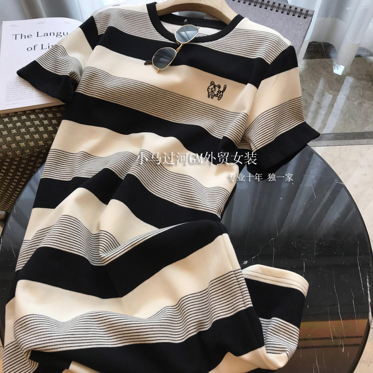 6535 cotton summer loose round neck top new short-sleeved t-shirt women's striped skirt