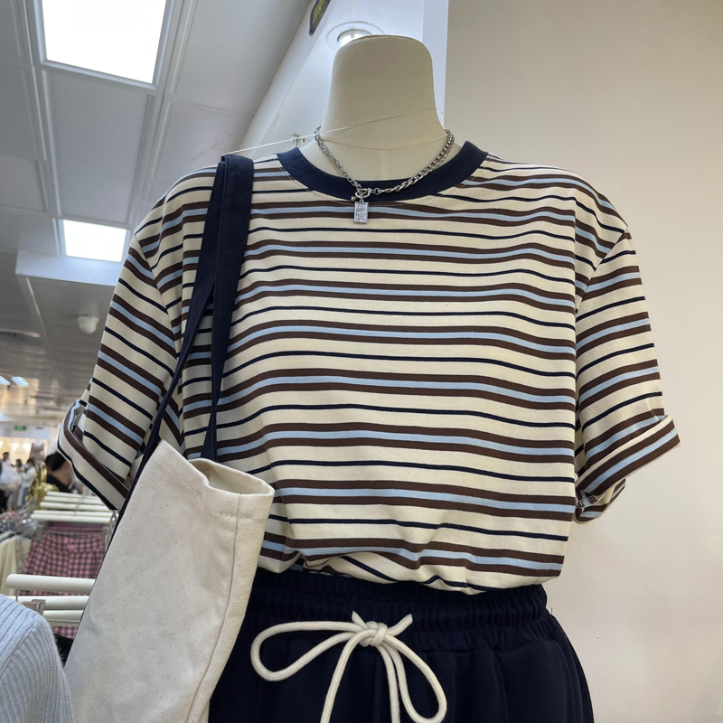 6535 cotton summer loose round neck top new short-sleeved t-shirt women's stripes