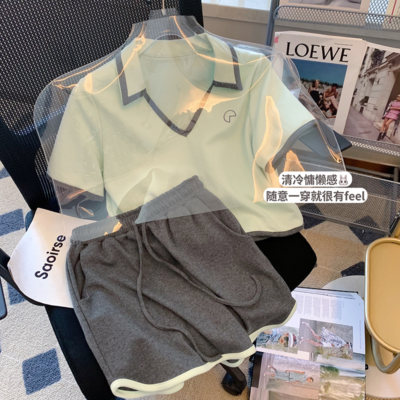 6535棉魚鱗布 新款休閒運動套裝女短袖兩件套