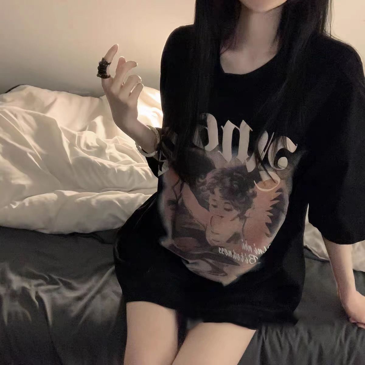 Tide brand black short-sleeved t-shirt female Korean version of ins Harajuku style student mid-length loose men's and women's tops