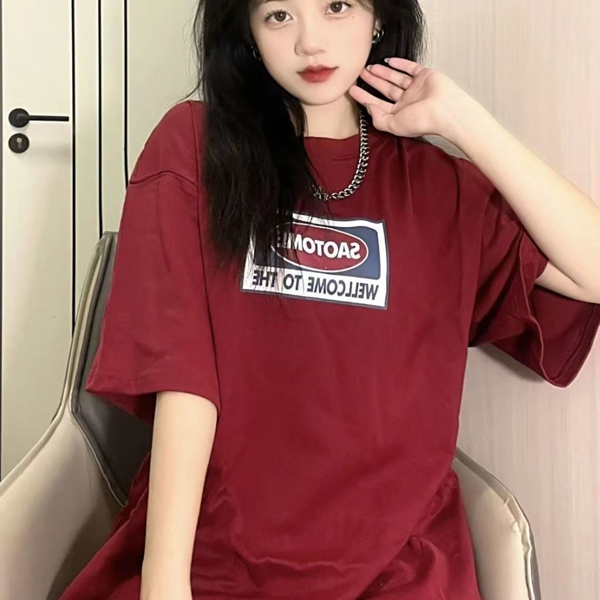 Short-sleeved t-shirt women's ins high street retro Hong Kong style vitality red loose round neck all-match half-sleeved top