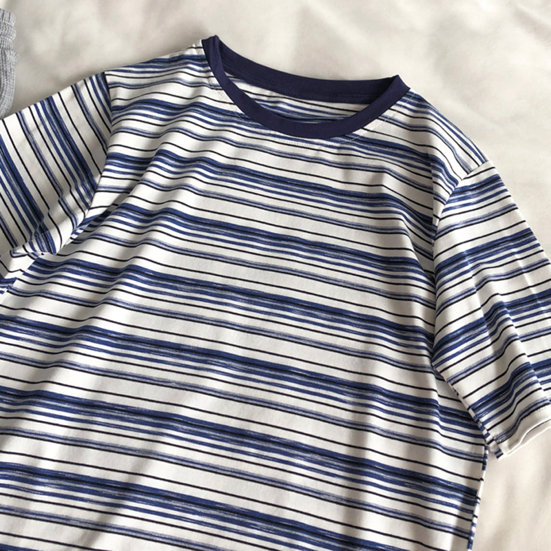 6535 Cotton Summer Loose Round Neck Top New Short Sleeve T-shirt Women's Stripe