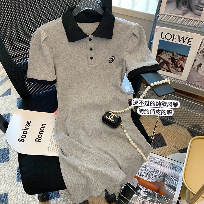 100%聚酯纖維 短袖t恤女刺繡POLO領裙子【冰絲螺紋布】