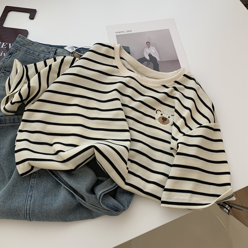 6535棉 新款短袖t恤女刺繡條紋【華夫格布】