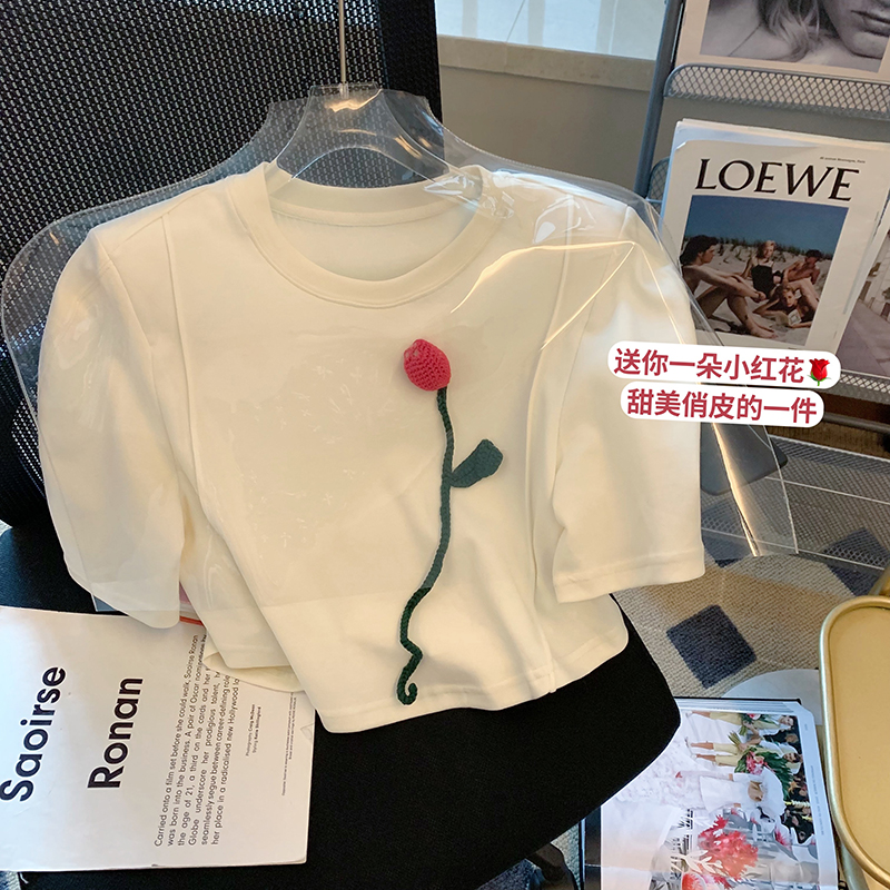 6535棉 夏季寬鬆圓領上衣新款短袖t恤女泡泡袖裝飾花朵