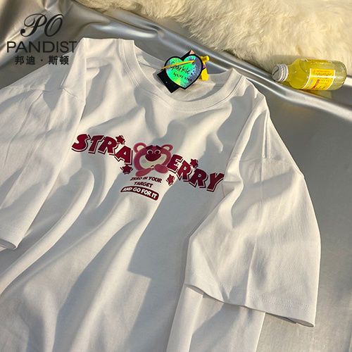 草莓小熊短袖t恤男女港風潮流寬鬆韓版oversize寬鬆半袖