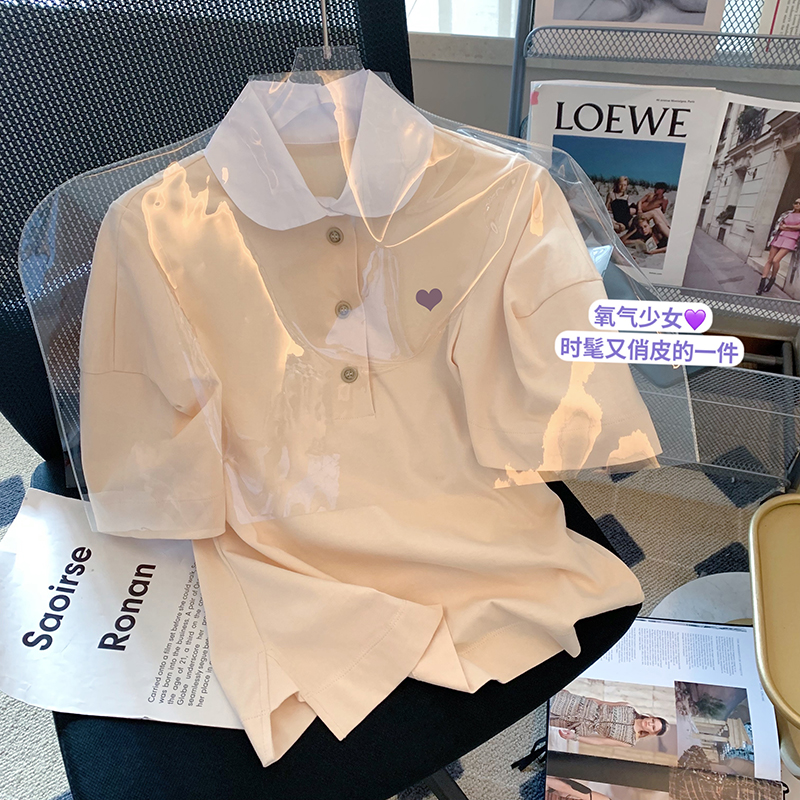 6535 cotton summer loose top new short-sleeved t-shirt female embroidery POLO collar