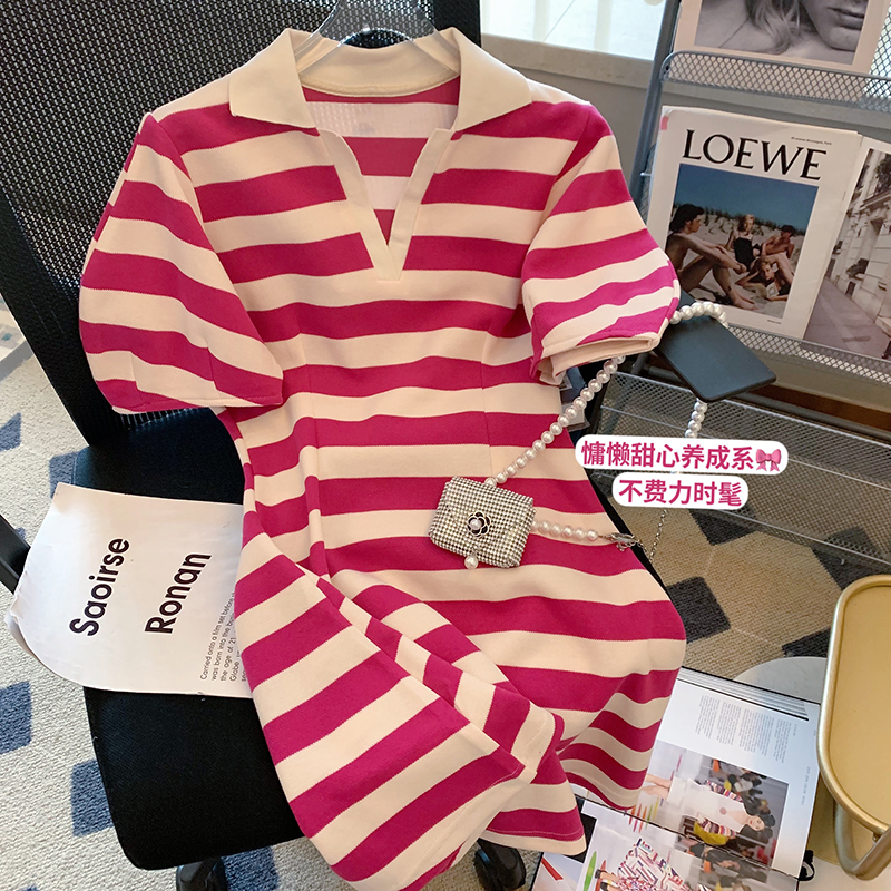 6535棉 夏季寬鬆上衣新款短袖t恤女條紋POLO領